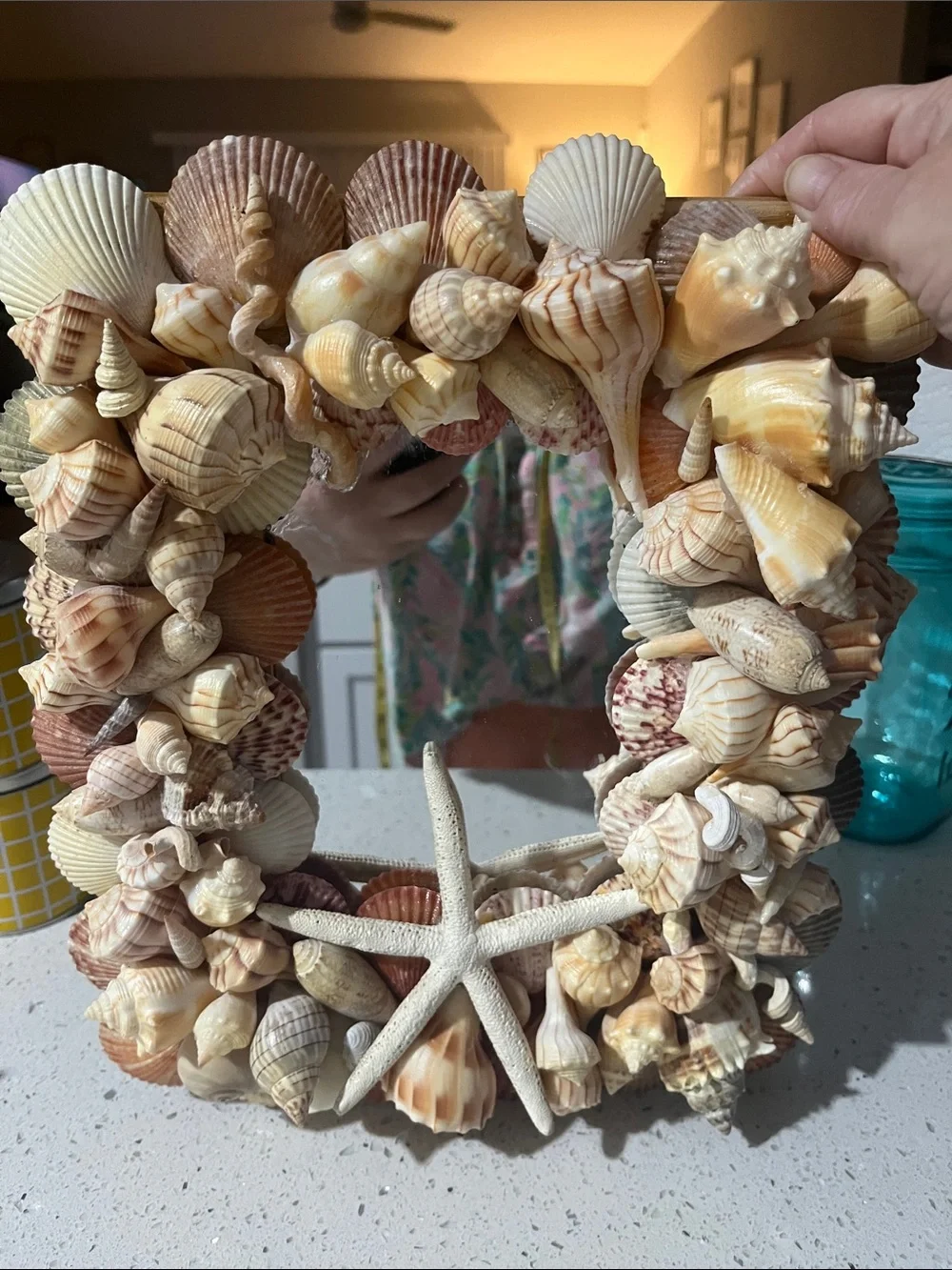 Handmade Coastal Seashell “Charli’ Starfish Wall Mirror - Natural Beige Shells
